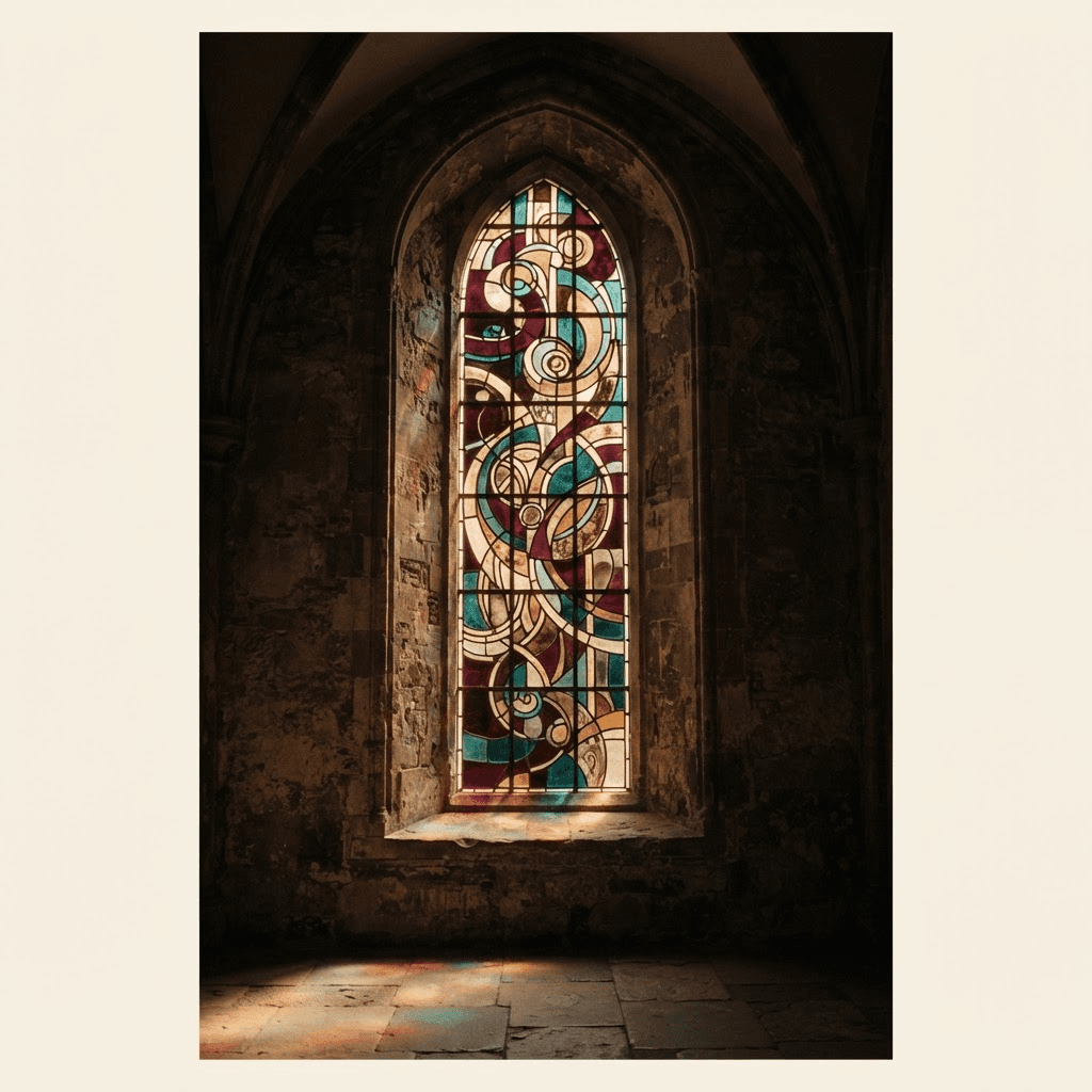 Coloured light falling through a tall stained-glass window